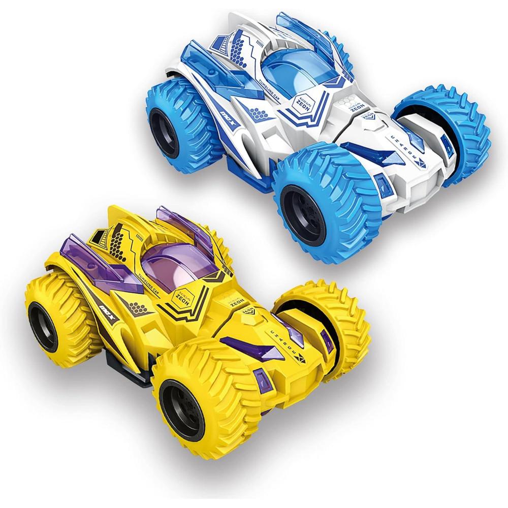 image:imageGeospace Friction Stunt Cars with 360 Rotating Front Wheels  2 Differently Colored Hand Held PushPowered Stunt Cars 2 Pack