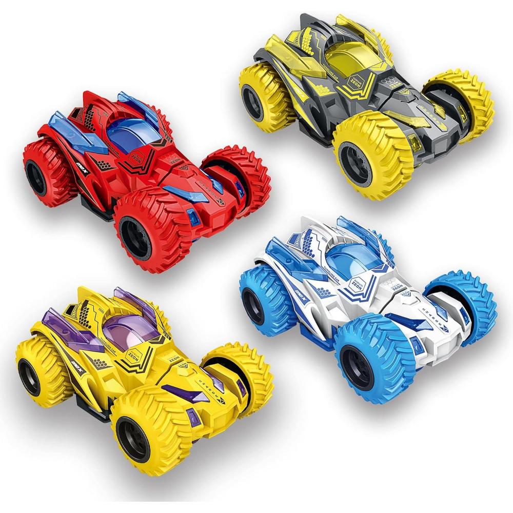 image:imageGeospace Friction Stunt Cars with 360 Rotating Front Wheels  4 Differently Colored Hand Held PushPowered Stunt Cars 4 Pack
