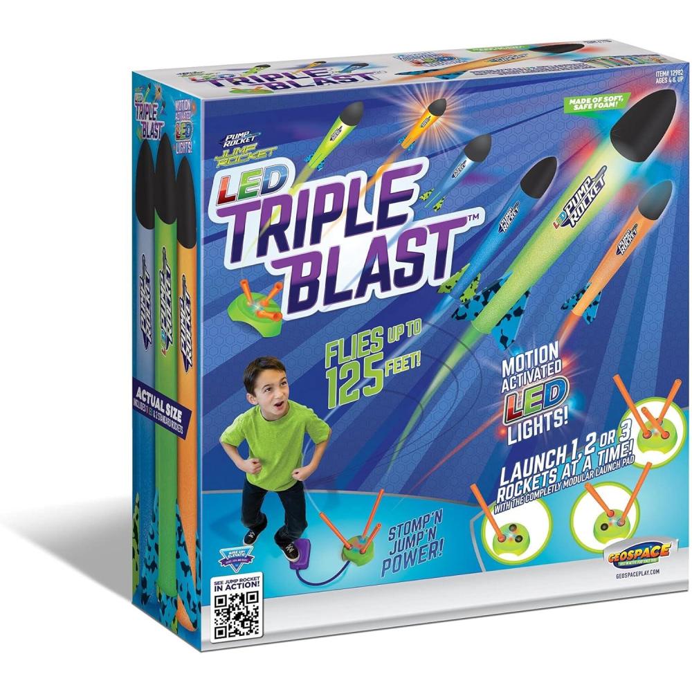 image:imageGeospace Jump Rocket Triple Blast with Launch Pad and 3 Foam LightUp Rockets Great for Glow in The Dark Outdoor Play