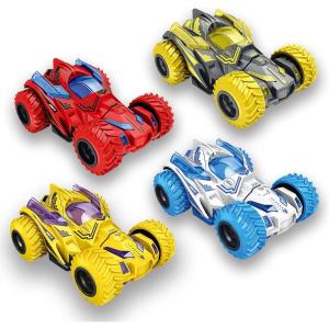Geospace Friction Stunt Cars with 360 Rotating Front Wheels – 4 Differently Colored Hand Held Push-Powered Stunt Cars (4 Pack)